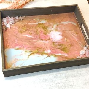 Handmade Wood & Resin Decorative Tray with Natural Rose Quartz in Pink/Gold